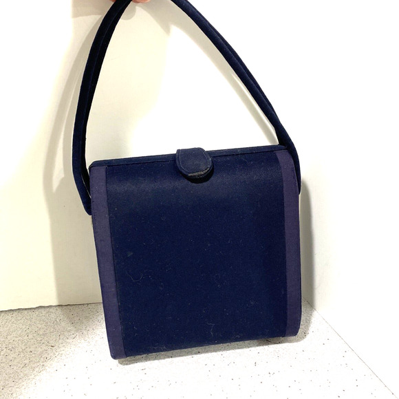 Vintage Mid Century Box Style Hand Bag Top Handle Purse Navy Blue Wool Classic - Picture 8 of 8